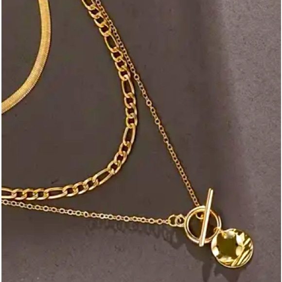 NIB 3-Piece Women's Layered Necklace Set, Snake Bone Chain with Coin Pendant - Picture 4 of 7